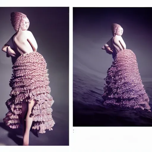 Prompt: Fashion photography of a woman wearing a dress inspired by a jellyfish, artistic photography, insanely detailed, chiaroscuro, cinestill 800t, Vogue magazine