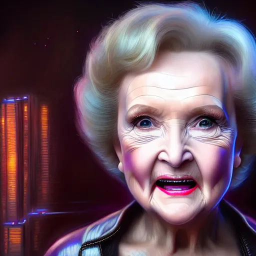 Prompt: portrait, cyberpunk young betty white, unreal engine realistic render, 8 k, micro detail, intricate, elegant, highly detailed, digital painting, artstation, smooth, sharp focus, illustration, artgerm, tomasz alen kopera, peter mohrbacher, donato giancola, joseph christian leyendecker, wlop, boris vallejo