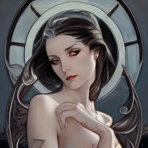 Image similar to a streamline moderne painting in the style of luis royo, and in the style of charlie bowater, and in the style of alphonse mucha. symmetry, smooth, sharp focus, semi - realism, intricate detail.