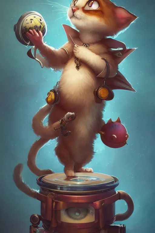 Image similar to cute anthropomorphic stray cat dj vinyl records, baby animal, cute and adorable, pretty, beautiful, art portrait, matte fantasy painting, Cg society Artstation, by Jason Felix by Steve Argyle by Tyler Jacobson by Peter Mohrbacher, cinematic lighting