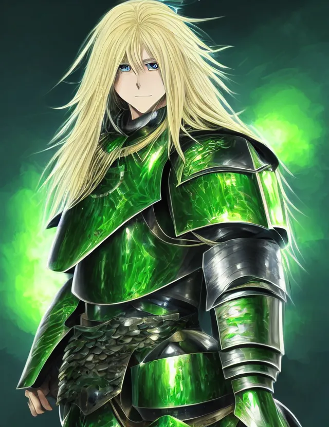 Prompt: an excellent anime portrait of a long haired blonde man with blue eyes in green plate armour glowing with green energy, trending on artstation, digital art, 4 k resolution, detailed, high quality, sharp focus, hq artwork, coherent, insane detail
