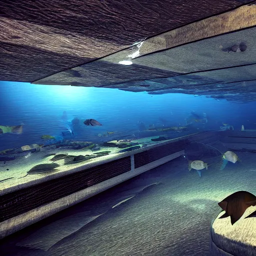 Prompt: underwater Scottish Parliament, deep underwater, fish shoal, concept art in style of Greg Rutkowki, dynamic lighting, 4k, very very very highly detailed, hyper realistic