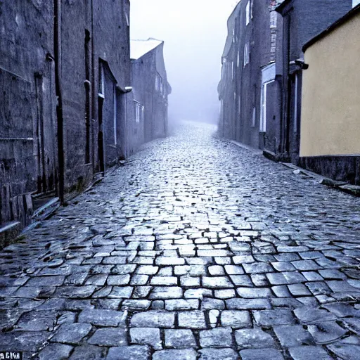 Prompt: ghostly whisps wander the empty streets at night, lighting up the wet cobble stones with ethereal blue as the rain falls in the village 70mm