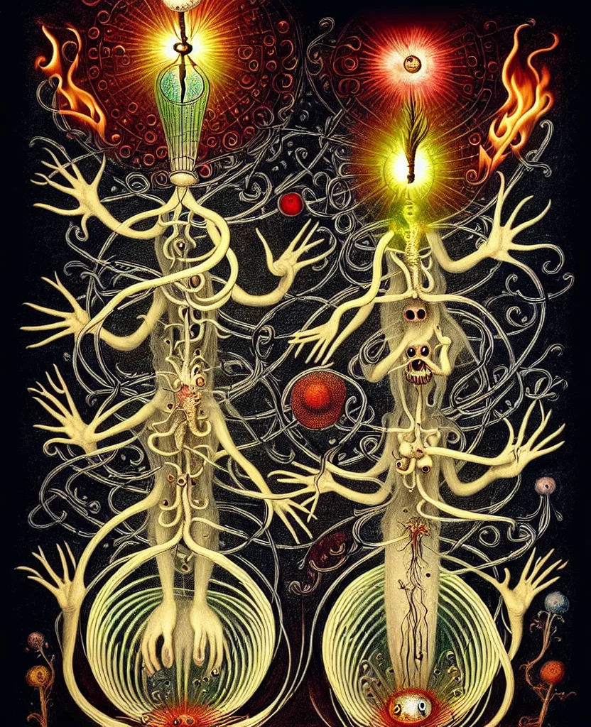 Image similar to whimsical freaky creature sings a unique canto about'as above so below'being ignited by the spirit of haeckel and robert fludd, breakthrough is iminent, glory be to the magic within, painted by ronny khalil