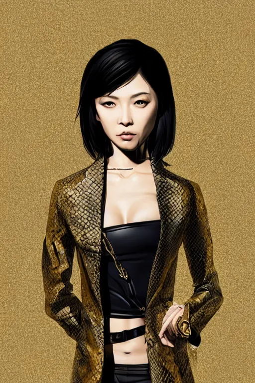 Image similar to yakuza slim girl, gold suit jacket in snake print, jacket over bare torso, yakuza tattoo on body, black short curtain haircut, black leather pants with black belt, portrait, elegant, 2d, ultra highly detailed, digital painting, smooth, sharp focus, artstation, art by Ilya Kuvshinov, rossdraws