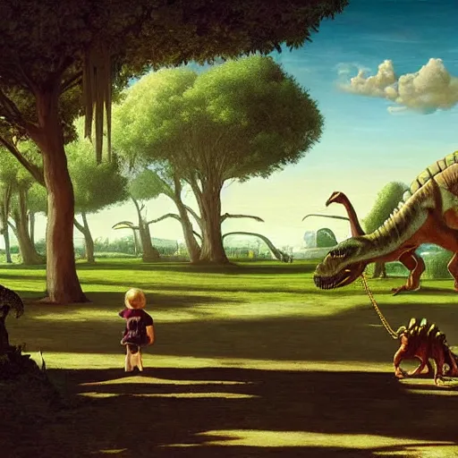 Image similar to a kid at the park walking a dinosaur with a leash, renaissance oil painting by George Lucas and Jarosław Jaśnikowski and Dan Mumford