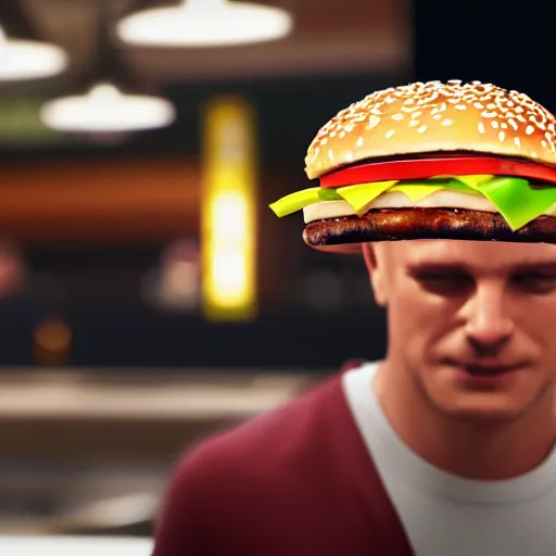 Image similar to photograph of a man with a steak head begging for food at mc donalds, 8k resolution, high detail, ULTRA REALISTIC VFX, reflections