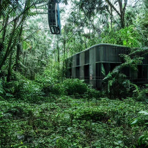 Prompt: an abandoned research facility in a jungle, dslr photography, sci - fi