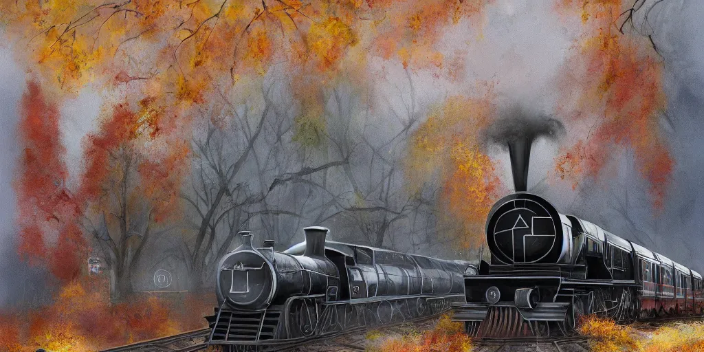 Image similar to A mysterious Hogwarts train in autumn arrives at a station. The leaves on the trees are changing color and falling to the ground. The air is cool and crisp. The train is long and black, and steam is coming out of the engine. The station is busy with people coming and going. by Alejandro Burdisio, Andreas Rocha, Tuomas Korpi, immaculate scale, hyper-realistic, Unreal Engine, Octane Render, digital art, trending on Artstation, 8k, detailed, atmospheric, immaculate