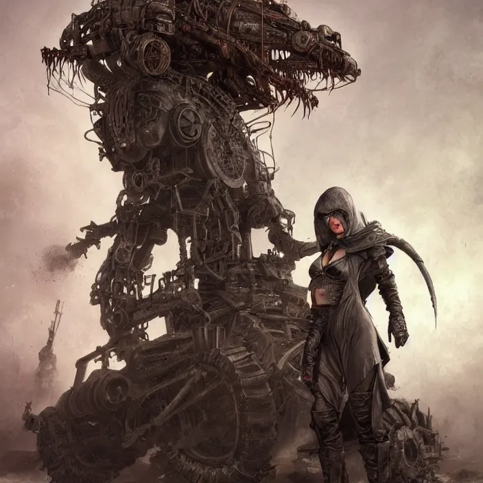 Image similar to beautiful apocalyptic woman in hooded cloak, standing on mad max panzer tank, hyper-detailed, smooth, sharp focus, 4k ultra hd, fantasy dark art, tank girl, artgerm, artstation, octane render, elegant, detailed digital painting, apocalyptic art, peter mohrbacher, Francis bacon