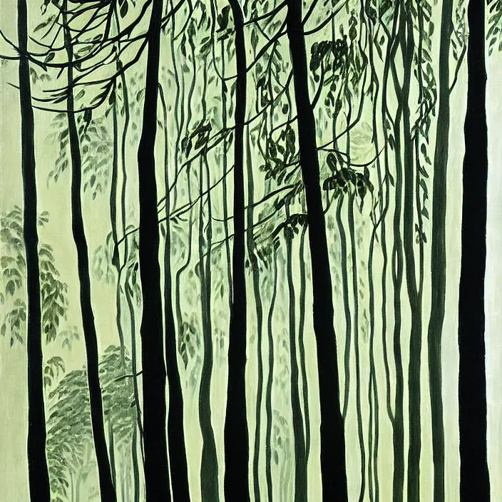 Prompt: charles burchfield art painting, beautiful arboreal forest by Adriaan Herman Gouwe