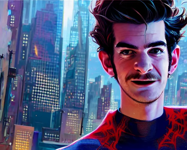 Image similar to highly detailed portrait of andrew garfield, in spider - man : into the spider - verse, stephen bliss, unreal engine, fantasy art by greg rutkowski, loish, rhads, ferdinand knab, makoto shinkai and lois van baarle, ilya kuvshinov, rossdraws, tom bagshaw, global illumination, radiant light, detailed and intricate environment