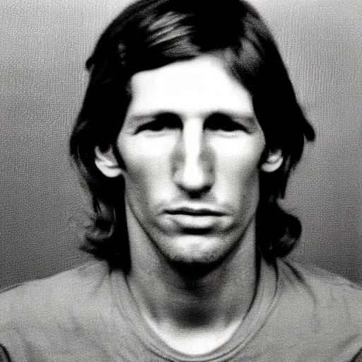 Prompt: Mugshot Portrait of Young Roger Waters, taken in the 1970s, photo taken on a 1970s polaroid camera, grainy, real life, hyperrealistic, ultra realistic, realistic, highly detailed, epic, HD quality, 8k resolution, body and headshot, film still, front facing, front view, headshot and bodyshot, detailed face, very detailed face