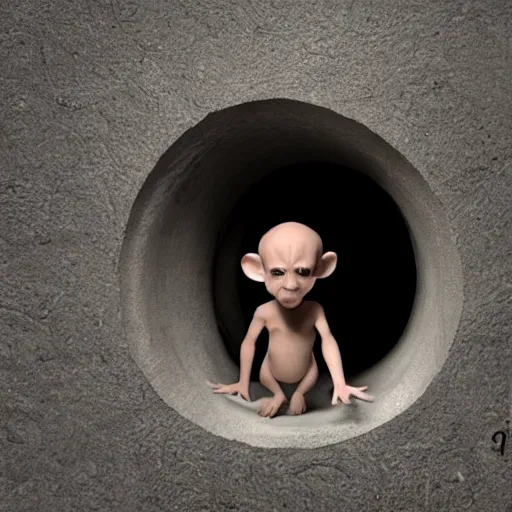 Image similar to a little homunculus man slipping his way into a little rat hole, vfx, hyper realistic