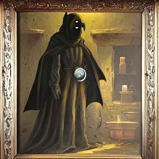 Prompt: plague doctor working in medieval apothecary, magical alchemy laboratory, oil painting, by Greg Rutkowski