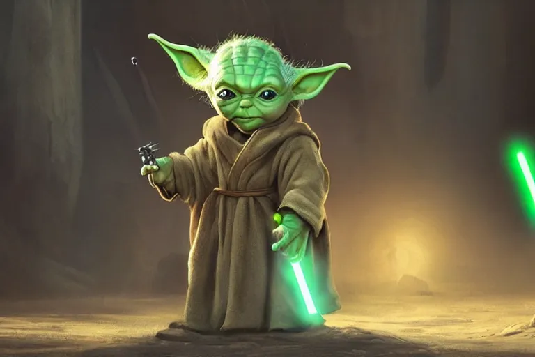 Image similar to young yoda with his lightsaber, au naturel, hyper detailed, digital art, trending in artstation, cinematic lighting, studio quality, smooth render, unreal engine 5 rendered, octane rendered, art style by klimt and nixeu and ian sprigger and wlop and krenz cushart