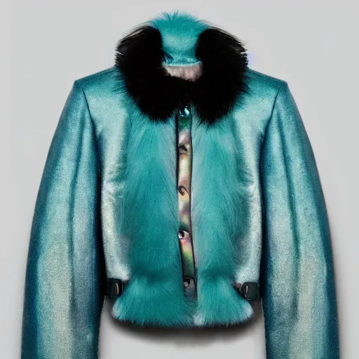 Image similar to an award - winning editorial photo of a cropped baggy medieval jacket made of very fluffy teal faux fur : : with a reflective iridescent leather oversized collar, dramatic lighting, designed by alexander mcqueen