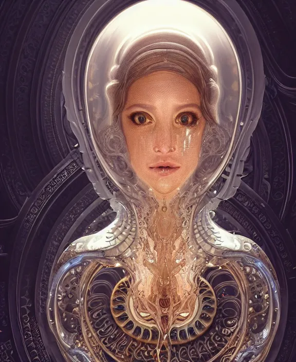 Prompt: intricate ornate opulent transparent clear see - through portrait of a cybernetic beautiful alien nautilus, mottled coloring, adorable, childlike, apocalyptic environment, ultra realistic, concept art, art nouveau, photorealistic, octane render, 8 k, unreal engine. art by christopher marley and artgerm and greg rutkowski and alphonse mucha