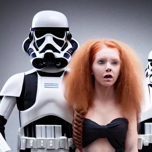 Image similar to 5 foot 1 0 fit man with short black beard and medium black well styled hair and a 5 foot 7 woman woman with long strawberry blonde hair with curly tendrils surrounding the face being captured by stormtroopers, highly detailed, high definition, ultra realistic