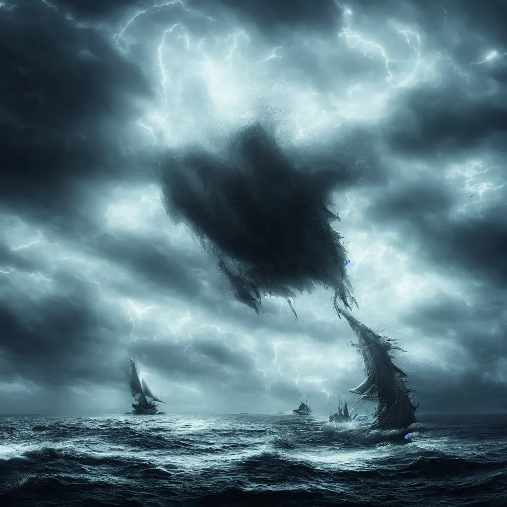 Prompt: a sea monster attacks one ship in a storm, dark and mysterious, stopped in time, atmospheric, ominous, eerie, cinematic, Epic, 8k, 4k, ultra detail, ultra realistic