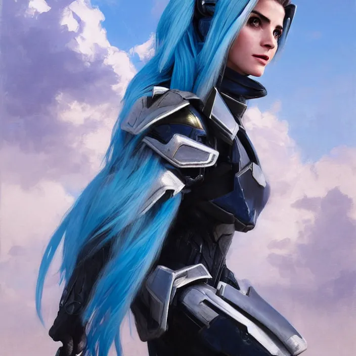 Image similar to portrait of a combination of Ashley Greene, Adriana Dxim, Grace Kelly and Emma Watson with blue hair wearing Interceptor's armor from Anthem, countryside, calm, fantasy character portrait, dynamic pose, above view, sunny day, thunder clouds in the sky, artwork by Jeremy Lipkin and Giuseppe Dangelico Pino and Michael Garmash and Rob Rey and Greg Manchess and Huang Guangjian, very coherent asymmetrical artwork, sharp edges, perfect face, simple form, 100mm