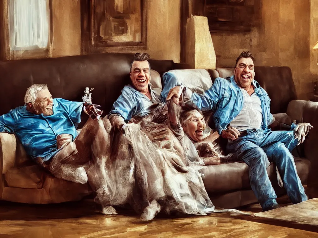 Prompt: extremely detailed digital painting of till lindemann sits on the couch with grandmother and laughing, stunning scene, 4 k, realism, bright colors, trending on artstation