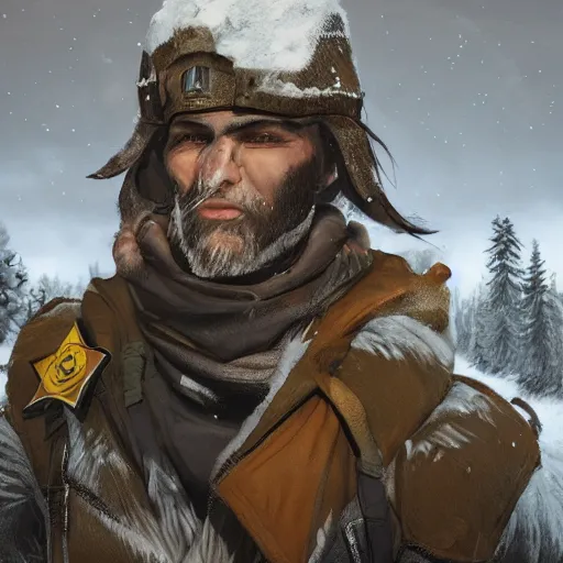 Prompt: A comic book style portrait painting of a male sheriff ranger in a a post apocalyptic winter landscape, unreal 5, DAZ, hyperrealistic, octane render, RPG portrait, ambient light, dynamic lighting