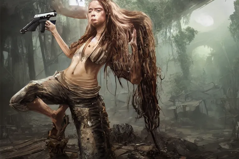 Image similar to !dream artstation concept of a beautiful adventurous girl with a .45 revolver, sweaty skin, symmetrical face, high face detail, torn off shirt and fatigue pants, sleek and agile, jungle background with ruins, volumetric lighting, hyperdetailed, artstation trending, world renowned artists, worth1000.com, cgsociety, by greg rutkowski, by Gustave Doré, by Marco Turini, by Artgerm, Deviantart in the style of Tom Bagshaw, Cedric Peyravernay, Peter Mohrbacher