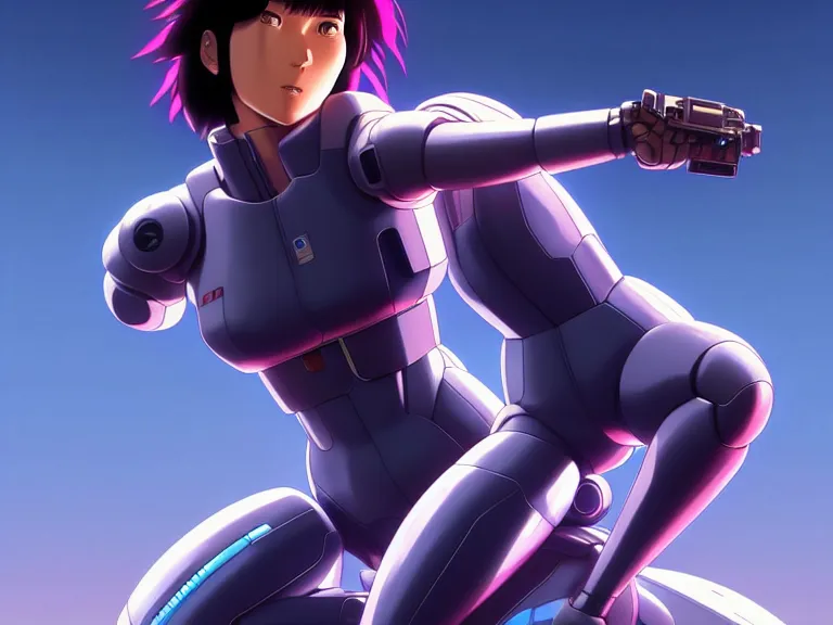 Image similar to a fullbody portrait of motoko kusanagi riding on top of a tachikoma : : stand alone complex, ghost in the shell, netflix : : by ilya kuvshinov, rossdraws, artgerm, sola digital arts, anti aliasing, raytracing : :