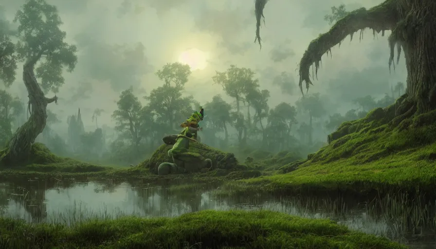 Image similar to A highly detailed matte painting of Shrek's huge swamp, by Studio Ghibli, Makoto Shinkai, by Artgerm, by WLOP, by Greg Rutkowski, volumetric lighting, octane render, 4K resolution, trending on artstation, masterpiece