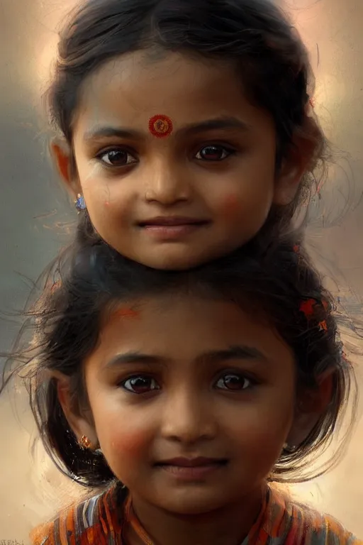 Image similar to hindu little girl, joyful, close - up portrait, intricate, elegant, volumetric lighting, scenery, digital painting, highly detailed, artstation, sharp focus, illustration, concept art, ruan jia, steve mccurry