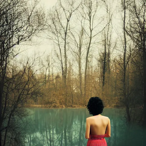 Image similar to portrait of a woman standing in a lake, short black curly hair, by marat safin