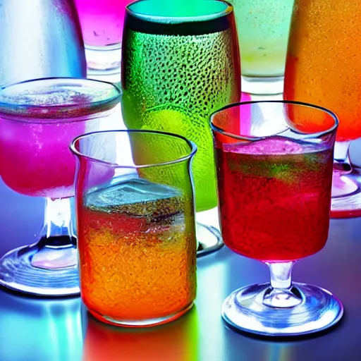 Prompt: colorful drink in intricately shaped glass, lit with a strong light source