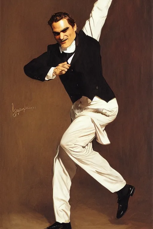 Image similar to joaquin phoenix dancing by Joseph Christian Leyendecker