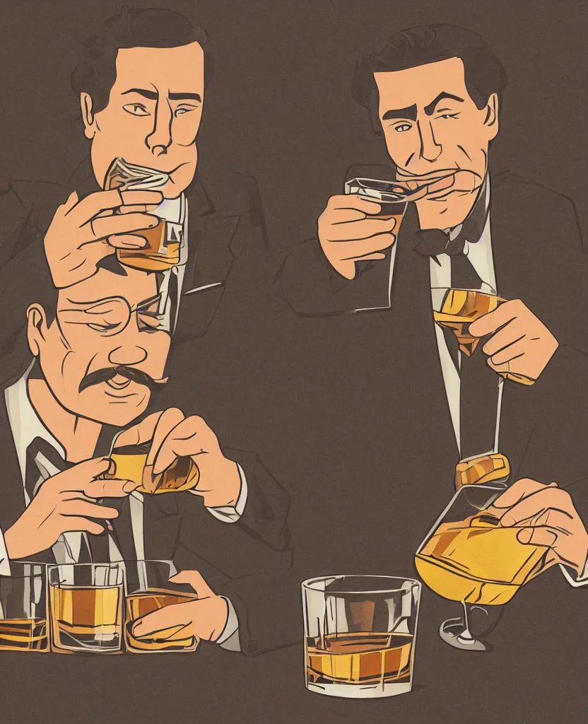 Image similar to a man drinking whiskey on his birthday, highly detailed 2 d illustration in matte colors