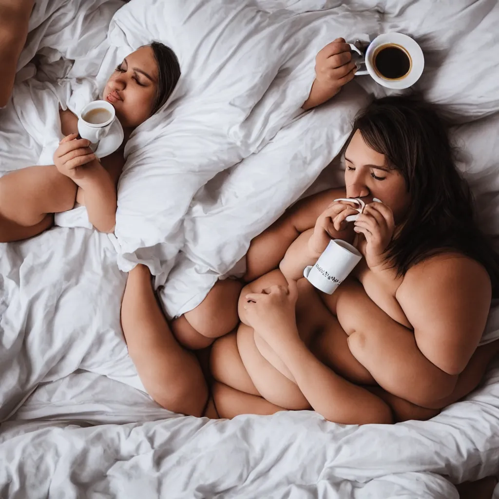 Prompt: a beautiful fat woman drinking coffee in a bed with white sheets drinking coffee