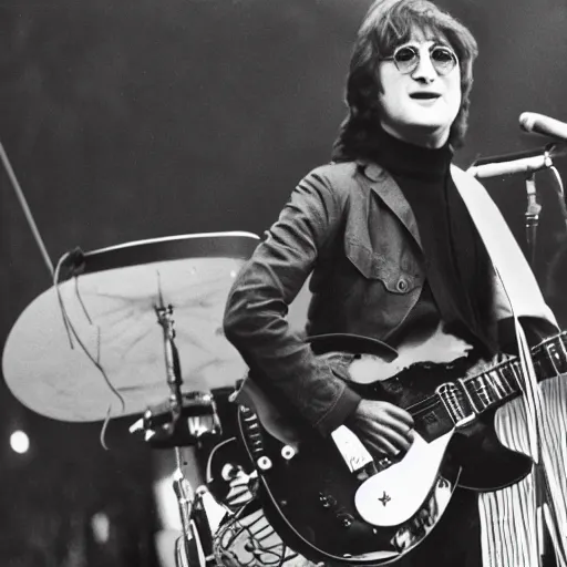 Image similar to john lennon playing a red gutair on stage while thousands of fans cheer, hd, epic, wide angle shot