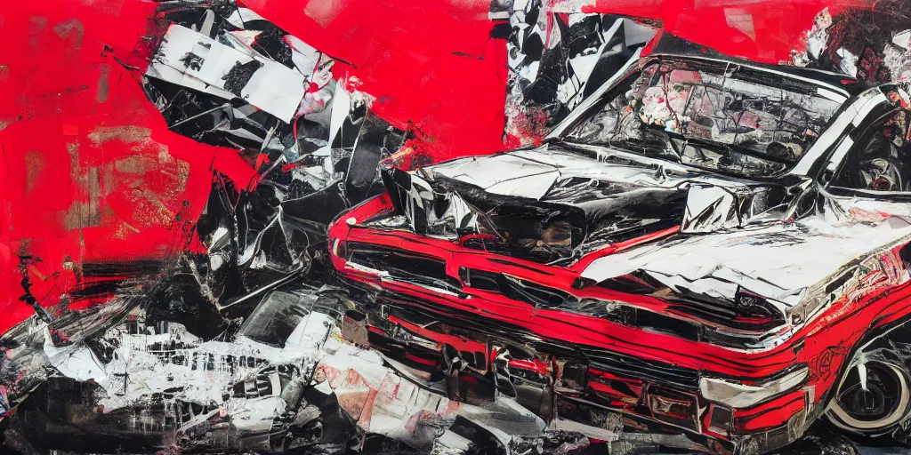 Image similar to lowrider crash test, collage paper and tape, black and red spray paint, acrylic on canvas, hyperrealism mixed with expressionism, high resolution, cinematic, unreal 6 breathtaking detailed, by blake neubert, by matt sesow