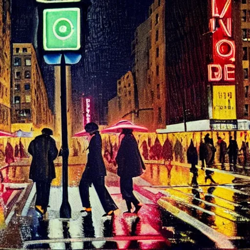 Image similar to a busy crosswalk on a rainy street in new york in the 1 9 6 0 ‘ s with lots of people walking around at night with advertisement neon lights on the buildings around it, painting eugene de la croix high detail, smooth, beautiful, aesthetic,