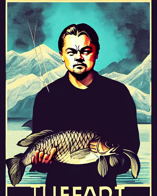 Image similar to photograph of leonardo dicaprio holding a carp in his both hands. movie poster, illustration by bartek fedyczak, erak note, tooth wu, neil richards, kan liu, siwoo kim, jisu choe, trending on art station