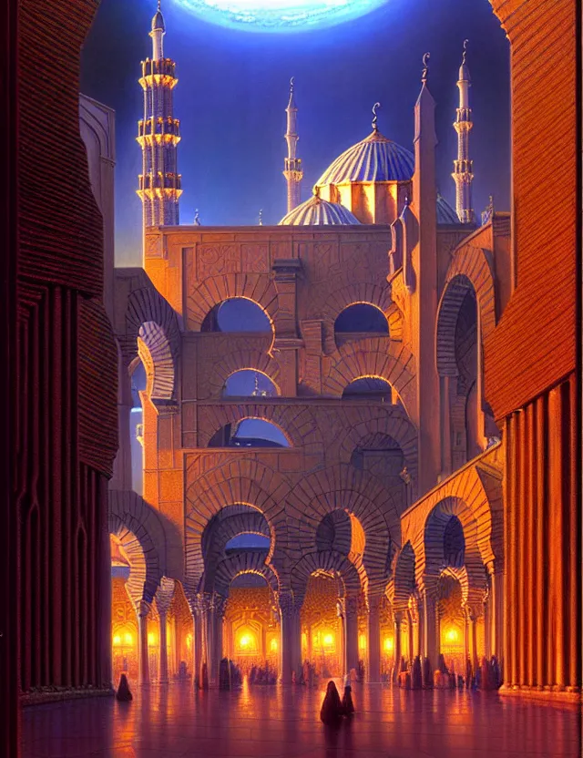 Prompt: a giant mosque - cathedral of cordoba mecha, tim hildebrandt, wayne barlowe, bruce pennington, donato giancola, trending on artstation, cinematic composition, beautiful lighting, hyper detailed, 8 k, oil on canvas