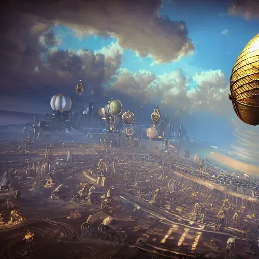 Image similar to enormous flying city in a faberge egg, sky, steampunk, fantasy art, masterpiece, unreal engine