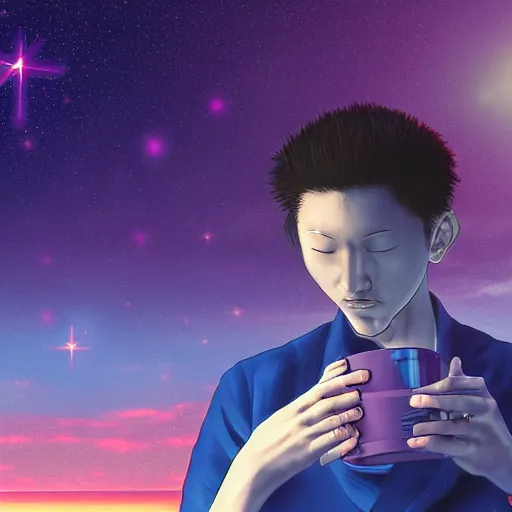 Image similar to A man drinking a cup of cosmic energy bright light by Masafumi Harada, 4k, digital art, surreal, anime style,