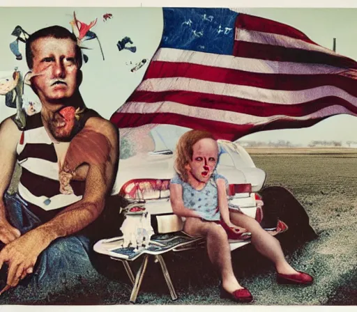 Image similar to full color american nightmare, joel peter witkin photo of 1 9 5 0 s suburban family, capitalist propaganda meets body horror, patriotic nihilism, annie liebovitz, bosch, disney