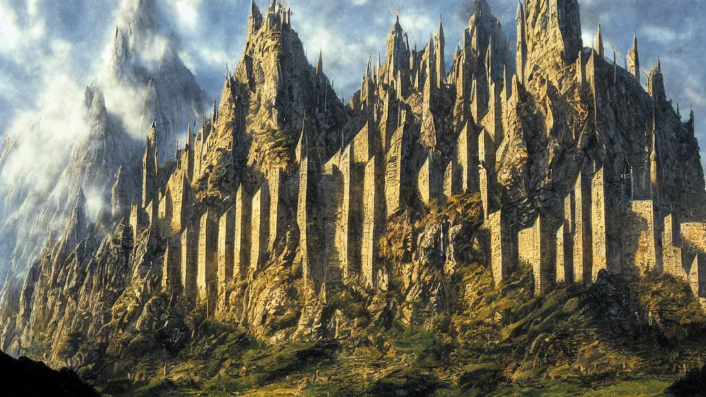 Prompt: beautiful helms deep, hornburg lit by sunshine on a bright day, by alan lee, intricate, smoke trails, lord of the rings calendar, smooth, detailed terrain, oil painting