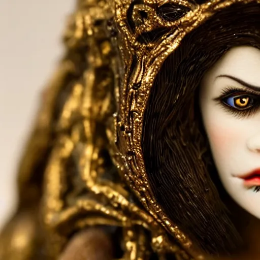 Image similar to photo taken of an epic intricate, ultra detailed, super realistic stop motion puppet of a majestic gracious regal aristocratic brunette female vampire created by weta workshop, menacing, some zoomed in shots, photorealistic, sharp focus, white wall, extremely cold blueish colour temperature, 3 5 mm, f 1. 4, golden ratio