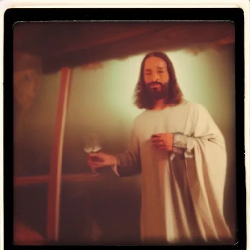 Prompt: jesus turning water into wine at a disco, polaroid