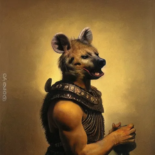 Prompt: A very detailed oil painting of an anthropomorphic hyena dressed like a Hoplite, Ancient Greece, backlit, very beautiful painting by Rembrandt