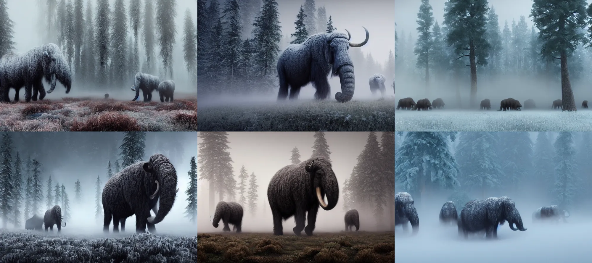 Prompt: a herd of woolly mammoths emerging from fog, snowy forest, dramatic, cinematic, realistic photograph, ambient, dark shades of colors, unreal engine 5, rendered by octane