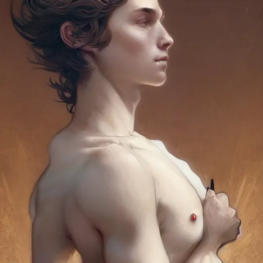 Prompt: young boy, song of Patrokles and Achilles, gorgeous, amazing, feminine, elegant, intricate, highly detailed, digital painting, artstation, concept art, sharp focus, illustration, art by artgerm and greg rutkowski and alphonse mucha